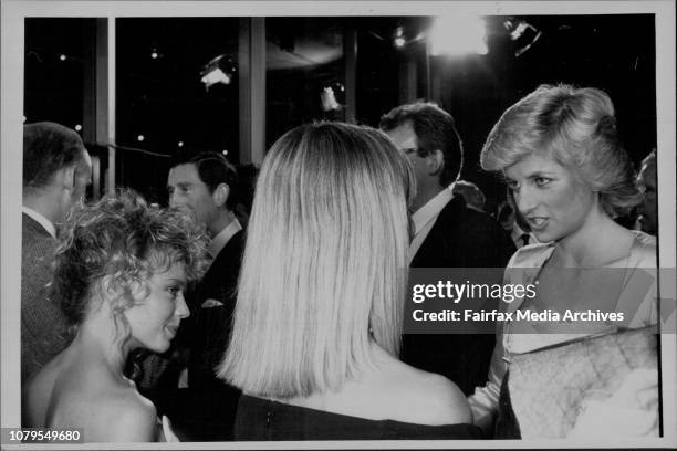 Princess Di meets Kyie and Olivia Newton-John after last night's concert.Princess Diana, the "star" of the Royal family, met Australia's top soapie...