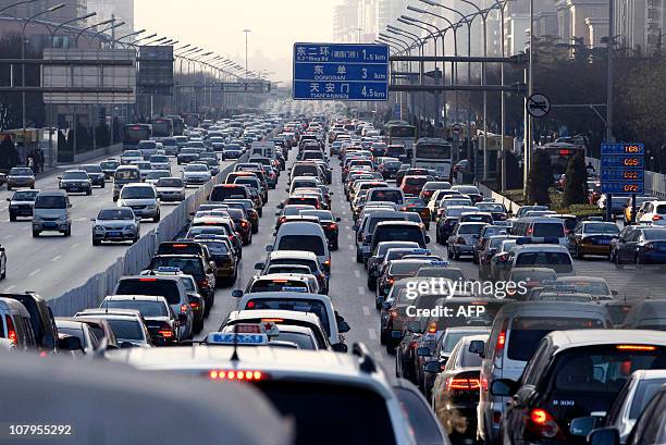 Vehicles are seen in a traffic jam during weekday rush hour in Beijing January 10, 2011. Auto sales in China rose more than 32 percent in 2010 to...