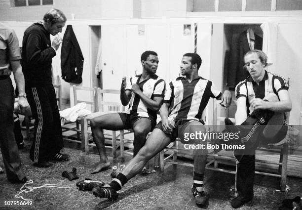 Laurie Cunningham of West Bromwich Albion with his team-mate Cyrille Regis in the dressing room after Albion's UEFA Cup tie against Valencia in Spain...