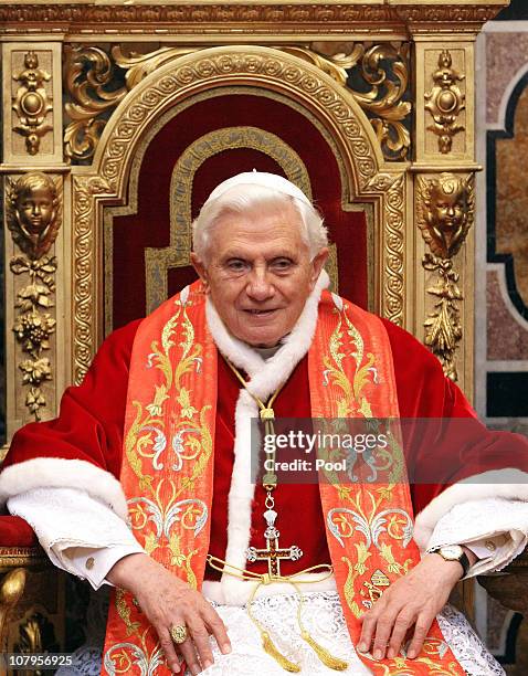 Pope Benedict XVI delivers his annual "state of the world" message to accredited ambassadors at the Regia Hall on January 10, 2011 in Vatican City,...