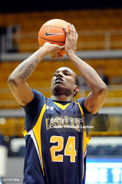 Aaric Murray of the LaSalle Explores takes a foul shot during a college basketball game against the George Washington Colonials on January 5 , 2011...