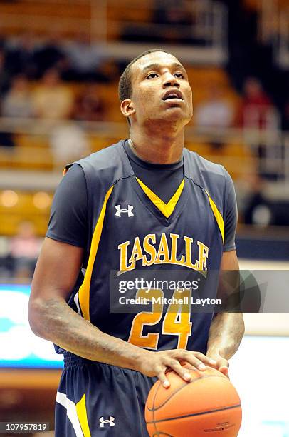 Aaric Murray of the LaSalle Explores takes a foul shot during a college basketball game against the George Washington Colonials on January 5 , 2011...