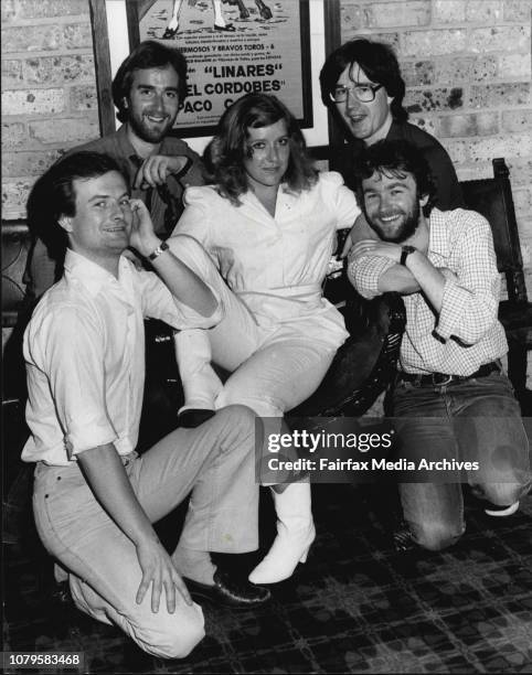 Oxford University Revue Group. Left to Right Phillip Pope, Angus Deayton, Helen Atik, ***** Mike Stevens.The Oxford University Review Group - having...