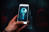cyber crime hacker using mobile phone, mobile security breach - Smartphone data theft concept.