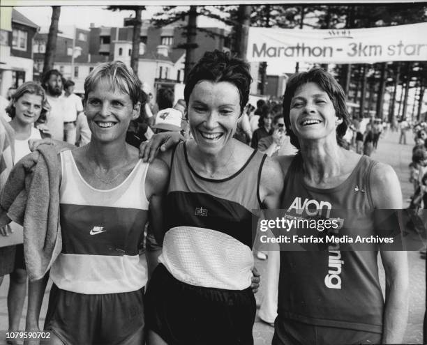 Three places getters, L-R: Margaret Reddan, 2nd, Barbara Byrnes, 1st and Dot Browne, 3rdThe 4th annual Avon Women's marathon was held at Manly today....