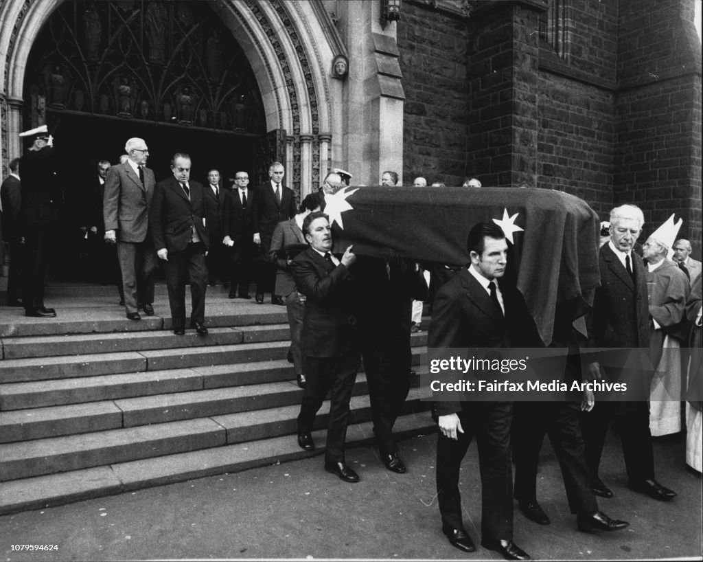 Funeral of former Fedderal opposition leader Mr Arthur Calwell, who died last Sunday. The service was held at St Patrick's Cathedral in Melbourne and the burial at the Melbourne general Cemetry.