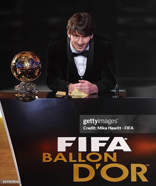 Ballon d'Or winner Lionel Messi of Barcelona and Argentina with the trophy at the FIFA Ballon d'Or Gala 2010 at the Congress Hall on January 10, 2011...