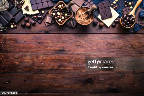 assorted chocolate in old-fashioned style making a frame with copy space - chocolate stock pictures, royalty-free photos & images