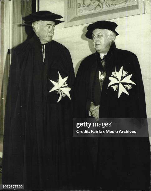 Sir Roden Cutler and Sir John Kerr at Government House after the investiture.The Governor of NSW and Deputy Prier of the Order of St John, Sir Roden...