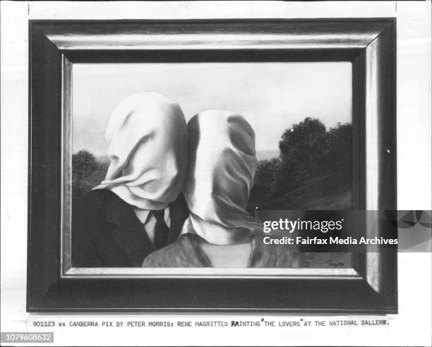 Rene Magrittes painting "The Lovers" at the National Gallery. November 23, 1990. .