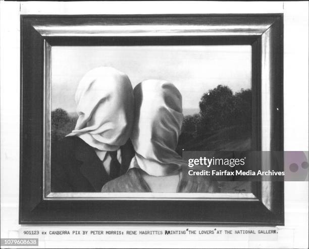 Rene Magrittes painting "The Lovers" at the National Gallery. November 23, 1990. .