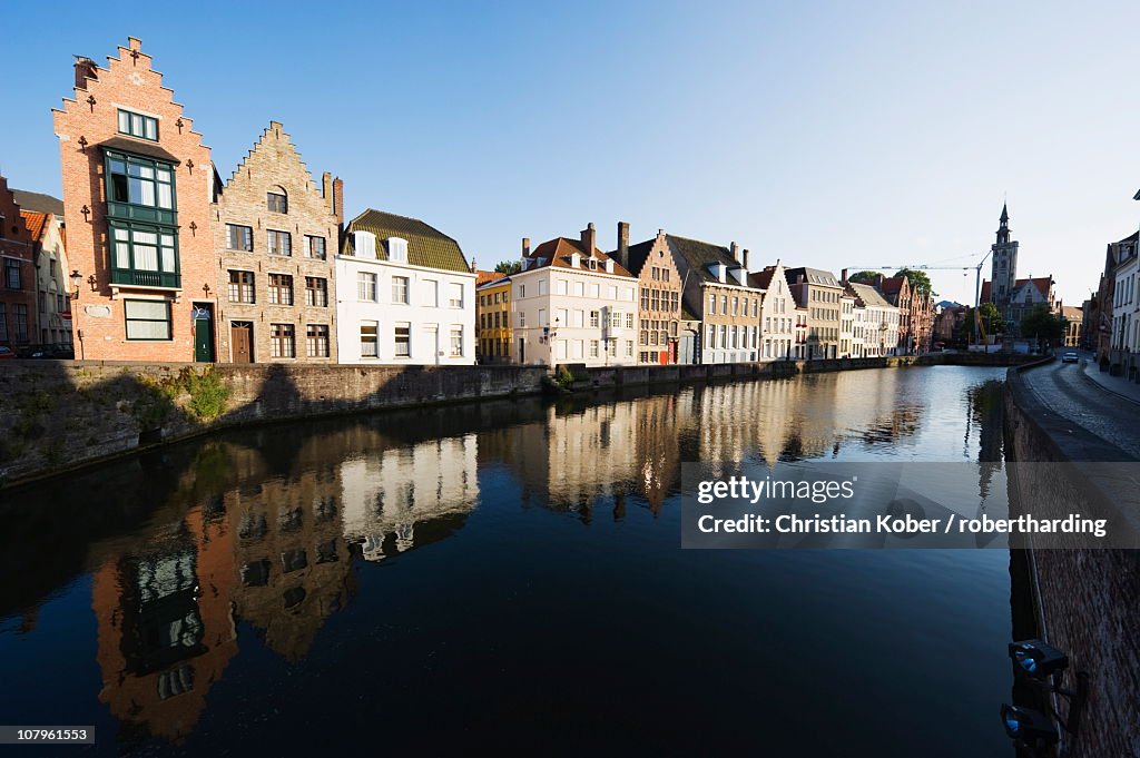 Reflection of old houses in a canal, Old Town, UNESCO World Heritage Site, Bruges, Flanders, Belgium, Europe