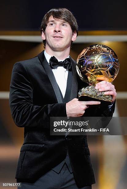 Lionel Messi of Argentina and Barcelona FC receives the FIFA player of the year award during the FIFA Ballon d'Or Gala 2010 t the congress hall on...