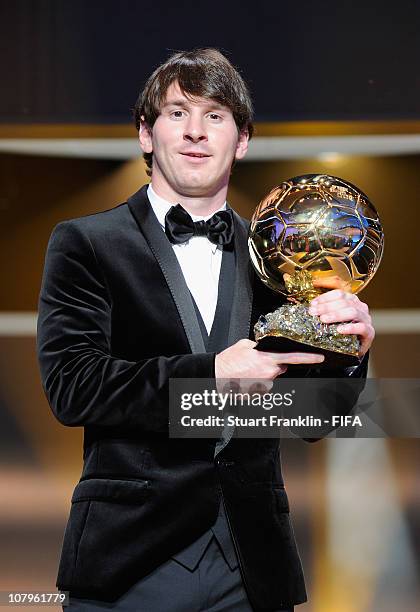 Lionel Messi of Argentina and Barcelona FC receives the FIFA player of the year award during the FIFA Ballon d'Or Gala 2010 t the congress hall on...