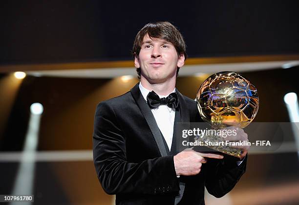 Lionel Messi of Argentina and Barcelona FC receives the FIFA player of the year award during the FIFA Ballon d'Or Gala 2010 t the congress hall on...