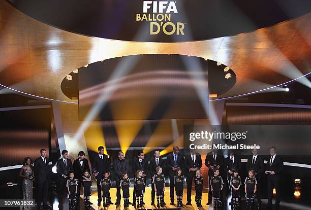 Fifa World XI award including Cristiano Ronaldo,Maicon,Lucio,Gerard Pique,Iker Casillas, front row l to r: David Villa,Lionel Messi,Wesley...