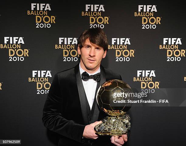 Lionel Messi of Argentina and Barcelona FC receives the FIFA player of the year award during the FIFA Ballon d'Or Gala 2010 t the congress hall on...