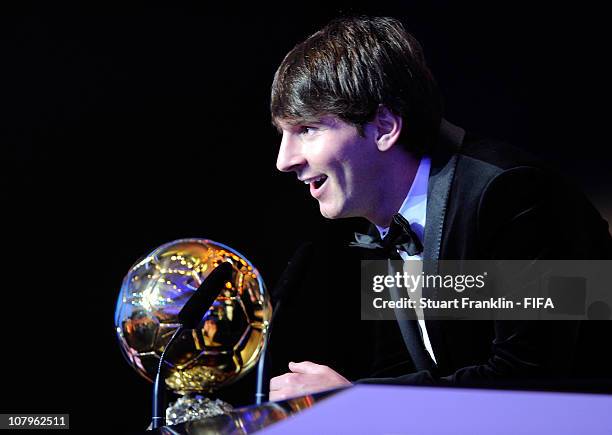 Lionel Messi of Argentina and Barcelona FC receives the FIFA player of the year award during the FIFA Ballon d'Or Gala 2010 t the congress hall on...