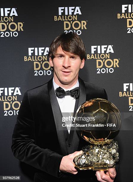 Lionel Messi of Argentina and Barcelona FC receives the FIFA player of the year award during the FIFA Ballon d'Or Gala 2010 t the congress hall on...