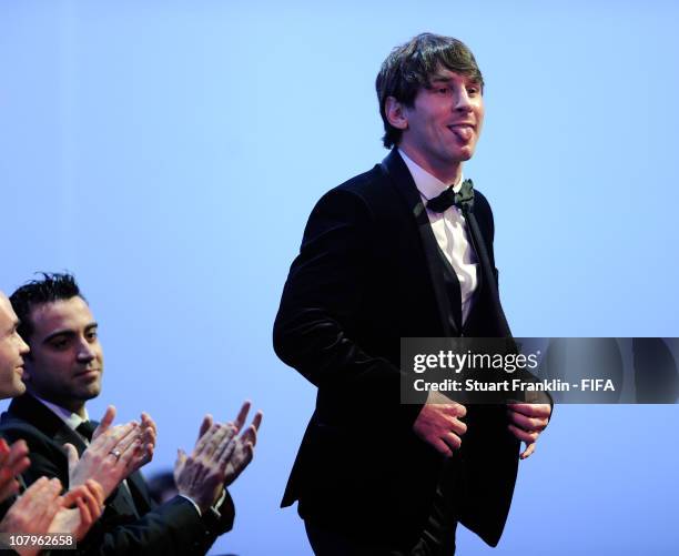 Lionel Messi of Argentina and Barcelona FC reacts as he is announced as the FIFA player of the year award during the FIFA Ballon d'Or Gala 2010 t the...
