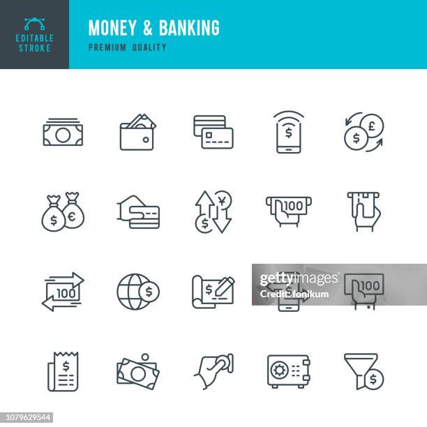 geld & banking - linie vektor-icons set - japanese currency stock-grafiken, -clipart, -cartoons und -symbole
