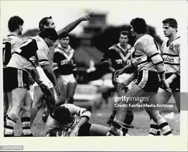 At Honson Pk.-Easts Vs Cronulla.Wayne Challis is sent off for a head-high tackle on Andrew Ettingshausen. May 17, 1987. .