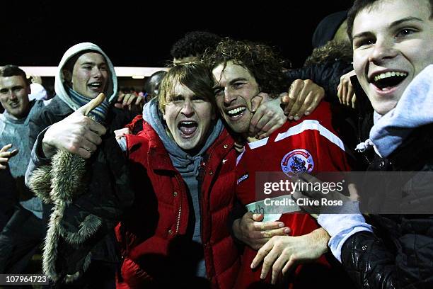 Winning goalscorer Sergio Torres of Crawley Town celebrates victory with fans after the FA Cup sponsored by E.ON 3rd round match between Crawley Town...