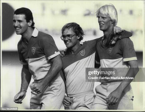 Vs South Australia -- Left to Right. Seabrook. Wellham and Marks. After game.***** Seabrook, left, skipper Dirk Wellham and Phil Marks showed...