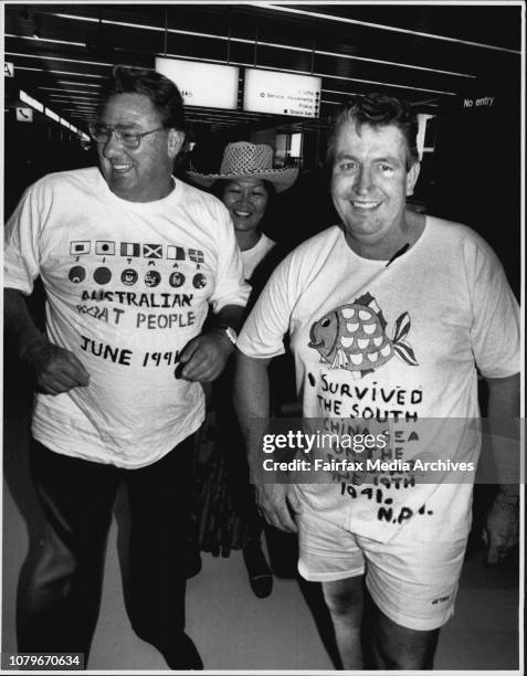 Passengers from the P&amp;O cruise ship, Fairstar, on arrival at Masoct. American Mr. George Rehmet, pictured with Mr. Neville Holmes of Milperra,...