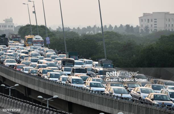 Traffic jams in Delhi, the capital of India on December 2, 2018 in Delhi, India.