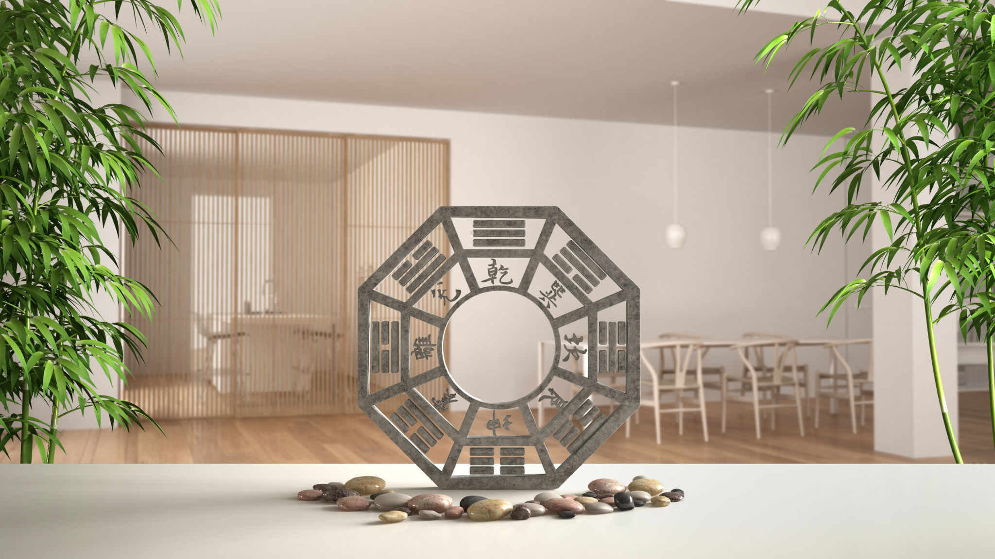 White table shelf with ba gua, pebble stone and bamboo plants, minimalist white and wooden living room with dining table, zen concept interior design, feng shui template idea background White table shelf with ba gua, pebble stone and bamboo plants, minimalist white and wooden living room with dining table, zen concept interior design, feng shui template idea background