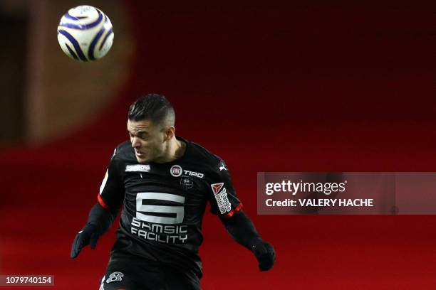 Rennes' French forward Hatem Ben Arfa heads the ball during the French League Cup quarter final football match between AS Monaco and Stade Rennais...
