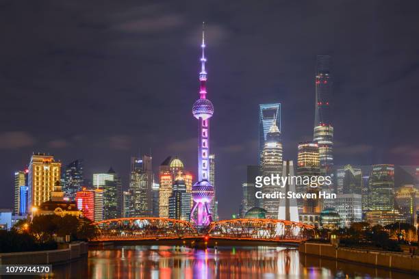 night scene of lujiazui, shanghai - lujiazui stock pictures, royalty-free photos & images