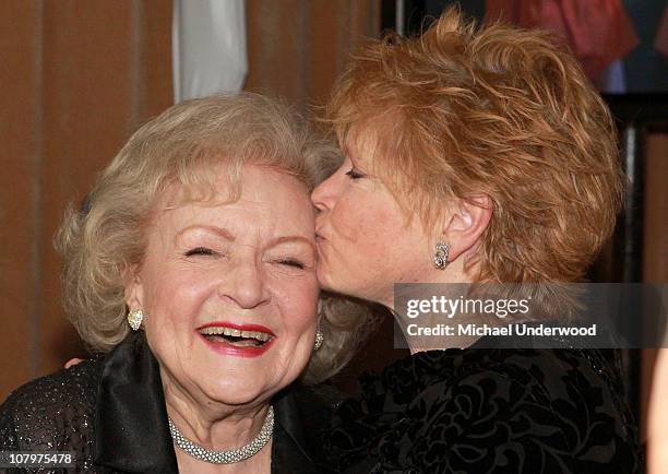 Actresses Betty White and Bonnie Franklin arrive at the "Hot In Cleveland" and "Retired At 35" premiere party at Sunset Tower on January 10, 2011 in...