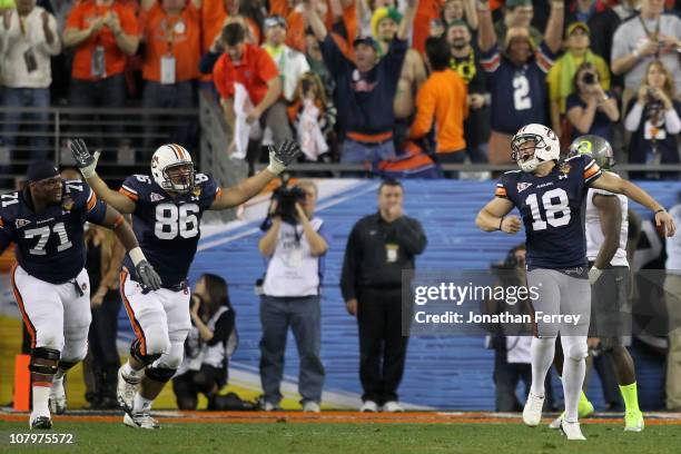 Kicker Wes Byrum of the Auburn Tigers celebrates after making a 19-yard game-winning field goal to defeat the Oregon Ducks 22-19 in the Tostitos BCS...