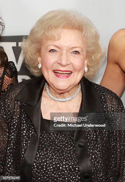 Actress Betty White arrives at the "Hot In Cleveland" and "Retired At 35" premiere party at Sunset Tower on January 10, 2011 in West Hollywood,...