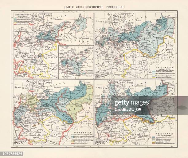 stockillustraties, clipart, cartoons en iconen met kaart op de territoriale ontwikkeling van pruisen, lithografie, 1897 - crown prince frederick william of prussia