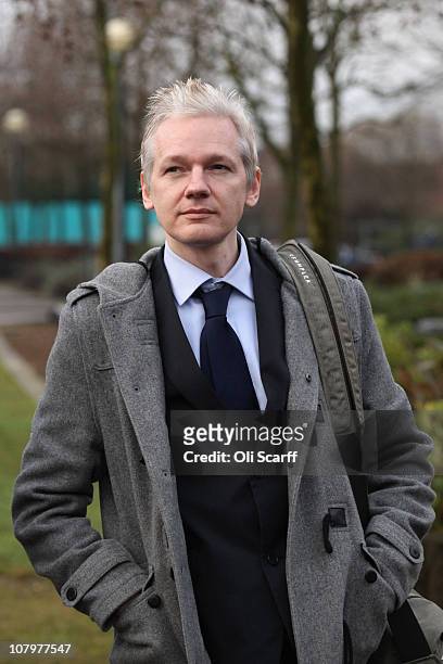 Julian Assange, the founder of the Wikileaks whistle blowing website, arrives at Belmarsh Magistrates' Court on January 11, 2011 in London, England....