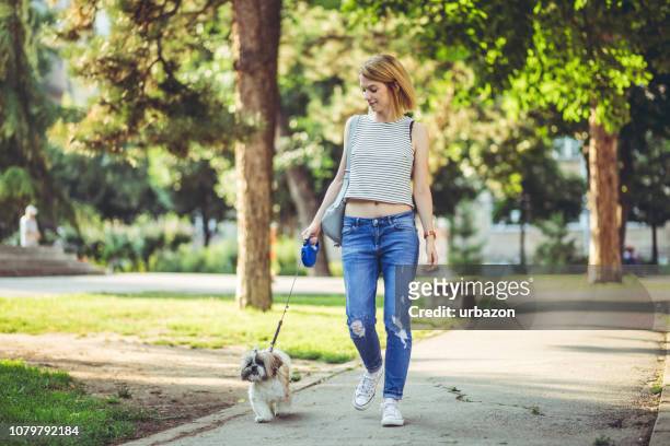 mujer con perro en un parque - ciudades pequeñas fotografías e imágenes de stock