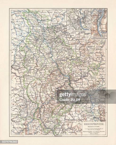 ilustrações, clipart, desenhos animados e ícones de mapa da província do reno (prússia, alemanha), litografia, publicado em 1897 - colônia renânia