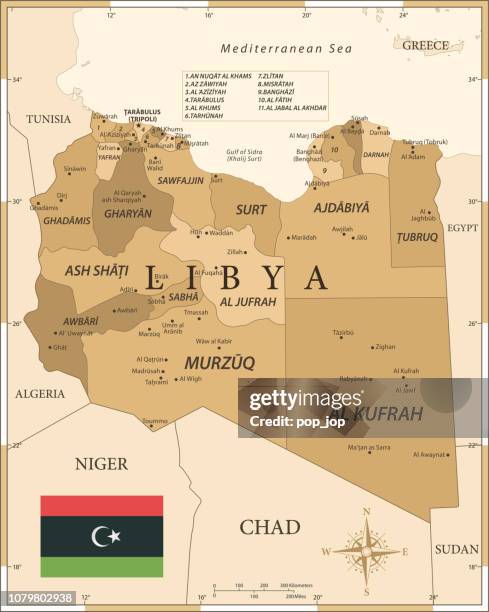 map of libya - vintage vector - libya flag stock illustrations
