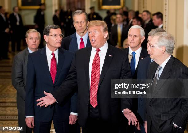 President Donald Trump, flanked from left by Sen. Lindsey Graham, R-S.C., Sen. John Barrasso, R-Wyo., Sen. John Thune, R-S. Dak., Vice President Mike...