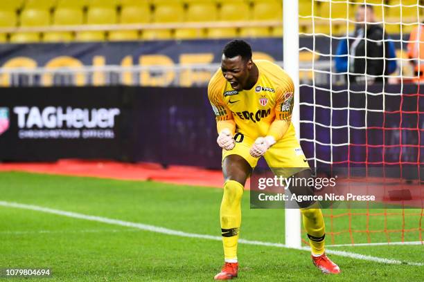 Loic Badiashile of Monaco celebrates a stopped penalty during the French League Cup match between Monaco and Rennes at Stade Louis II on January 9,...