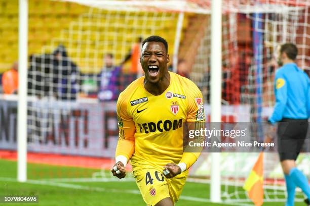 Loic Badiashile of Monaco celebrates the victory during the French League Cup match between Monaco and Rennes at Stade Louis II on January 9, 2019 in...