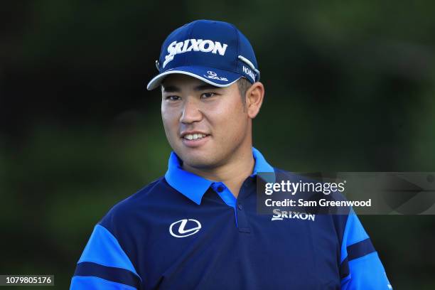 Hideki Matsuyama of Japan reacts during a practice round ahead of the Sony Open In Hawaii at Waialae Country Club on January 9, 2019 in Honolulu,...