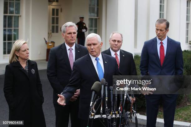 Vice President Mike Pence speaks to the media after a meeting with President Trump and Congressional leaders at the White House on January 9, 2019 in...