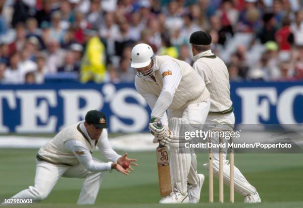 Martin McCague of England is out caught by Mark Taylor off the bowling of Shane Warne for 0 during the 4th Test match between England and Australia...