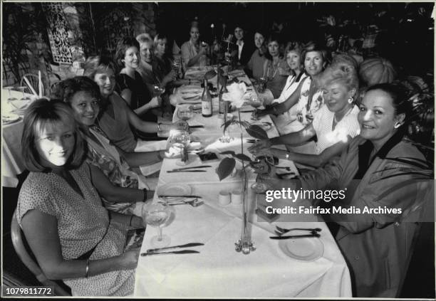 Women wine writers sitting around a table at "Eliza's" restaurant.Left to right - Karen Hunter, Sam Lawrence, Kerry Reid, Karen Macalister, Robin...