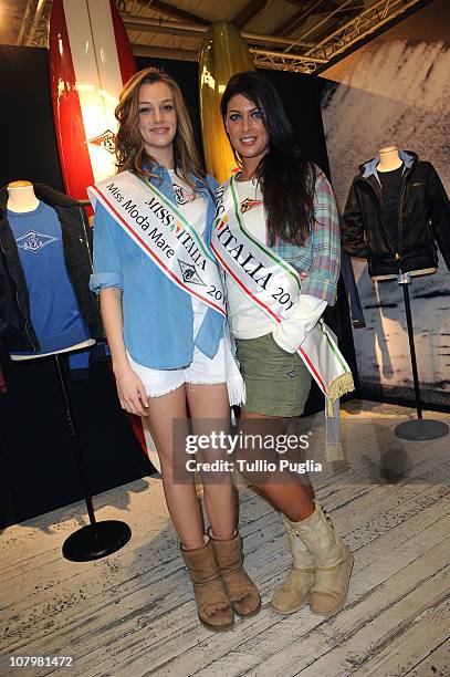 Miss Moda Mare Bear Nicole Magro and Miss Italia Francesca Testasecca attend Bear presentation during the Pitti Immagine Uomo 79 at the Fortezza da...