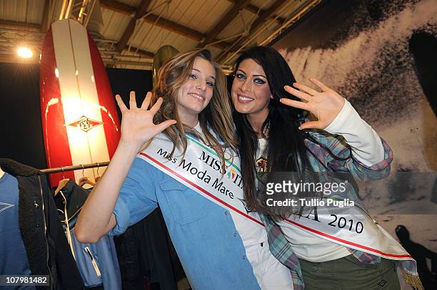 Miss Moda Mare Bear Nicole Magro and Miss Italia Francesca Testasecca attend Bear presentation during the Pitti Immagine Uomo 79 at the Fortezza da...